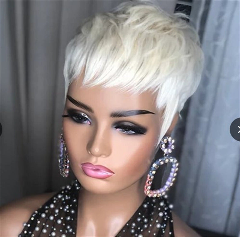 Ladies Fashion Short Straight Hair Golden Synthetic Fluffy High Temperature Silk Wig Hair Set Ladies Fashion Short Straight Hair Golden Synthetic Fluffy High Temperature Silk Wig Hair Set